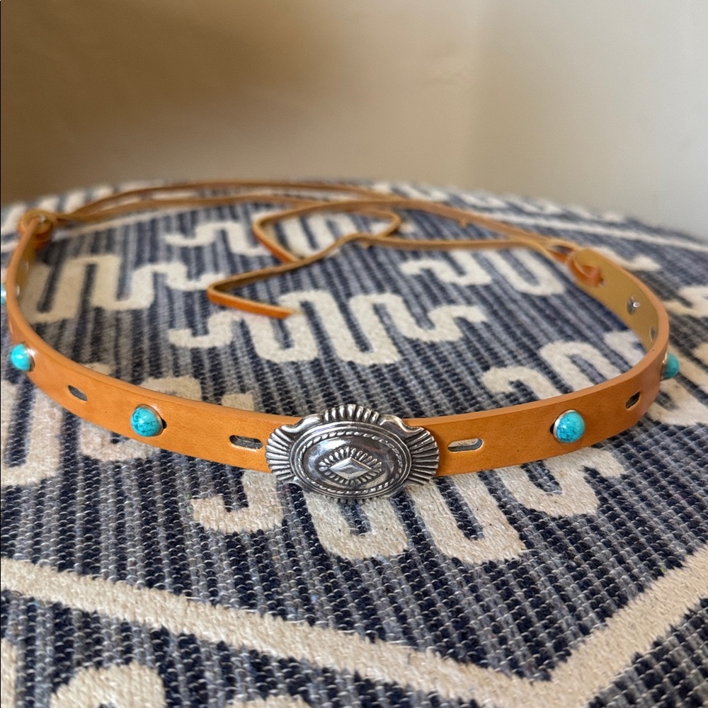 New Handmade Brown Leather Hatband with Turquoise and Silver Accents